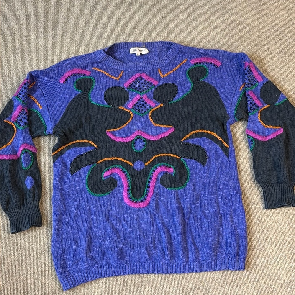 leau Vive Sweater Womens L Purple Knit Beads Geometric Linen Blend Vtg 90s